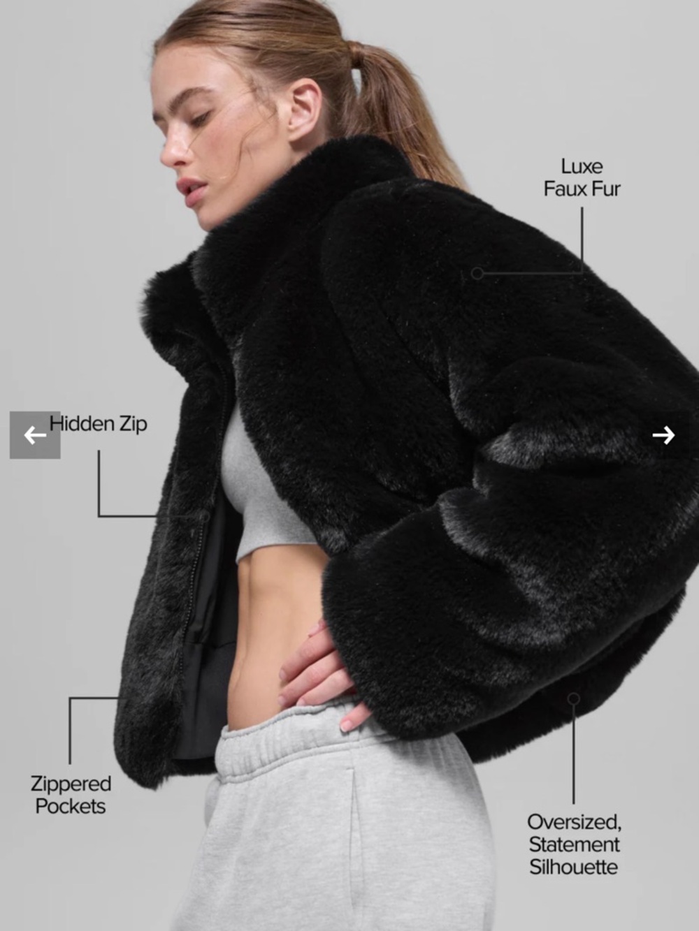 ALO Yoga Black Luxe Faux Fur Cropped Jacket